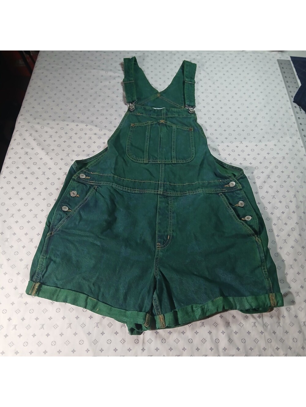 Old Navy Green Denim Shortalls Bib Overalls Loose Retro Streetwear Y2K L
